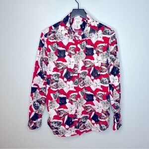 North Pole‎ Santa Cat Christmas Graphic Button Down Collared Shirt Size M